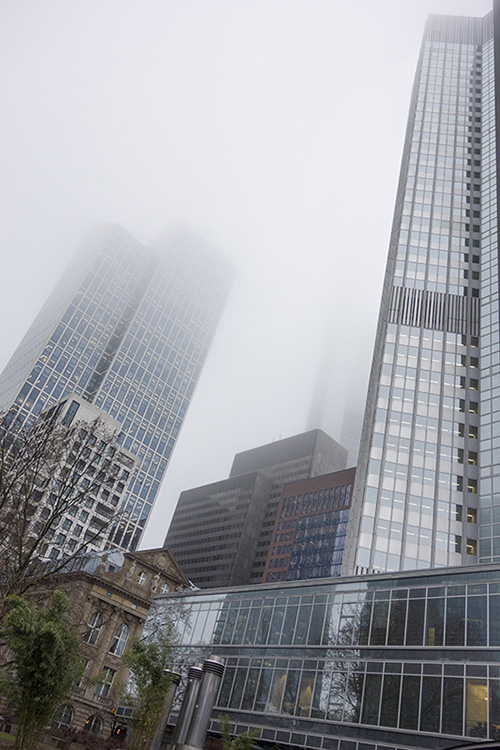 foggy skyscrapers in frankfurt